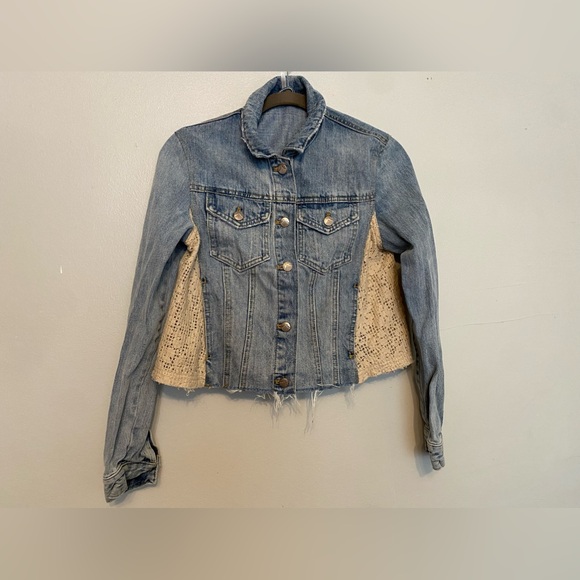 Free People Jackets & Blazers - Cottagecore Free People Crochet Lace Insert Denim Jean cropped Jacket Size XS